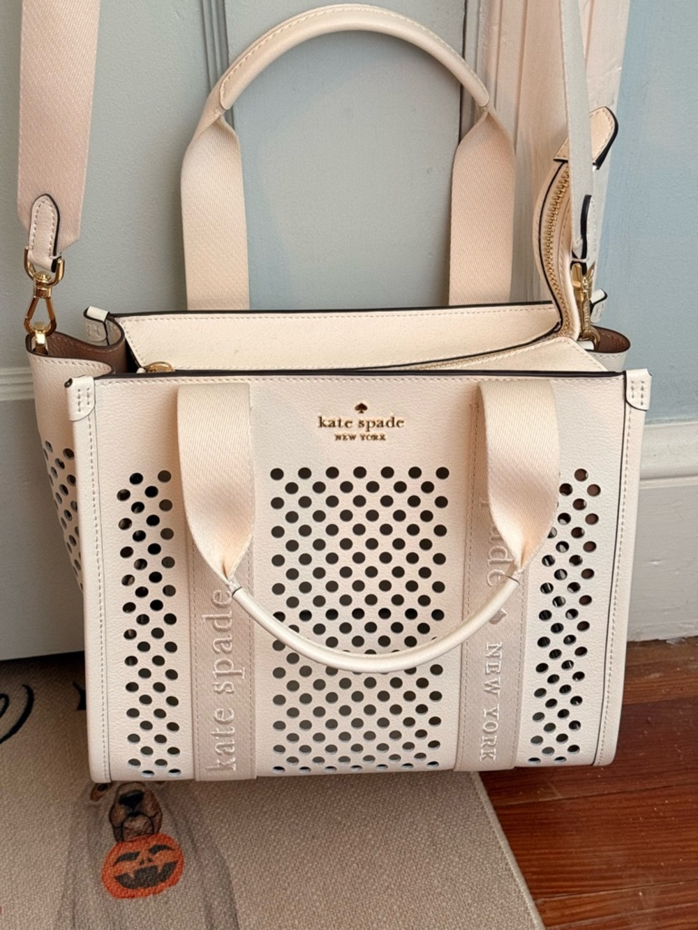 kate spade Cream Perforated Leather Tote with Gold Hardware